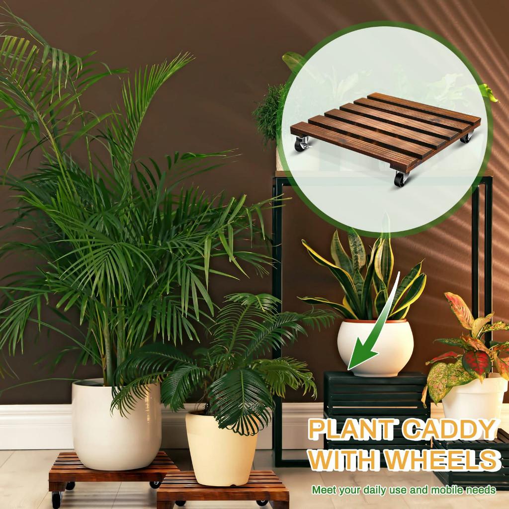 Household Garden Wooden Moving Flowerpot Base Movable Plant Pot Trolley 4 Wheels Rolling Base Trays Plant Stand