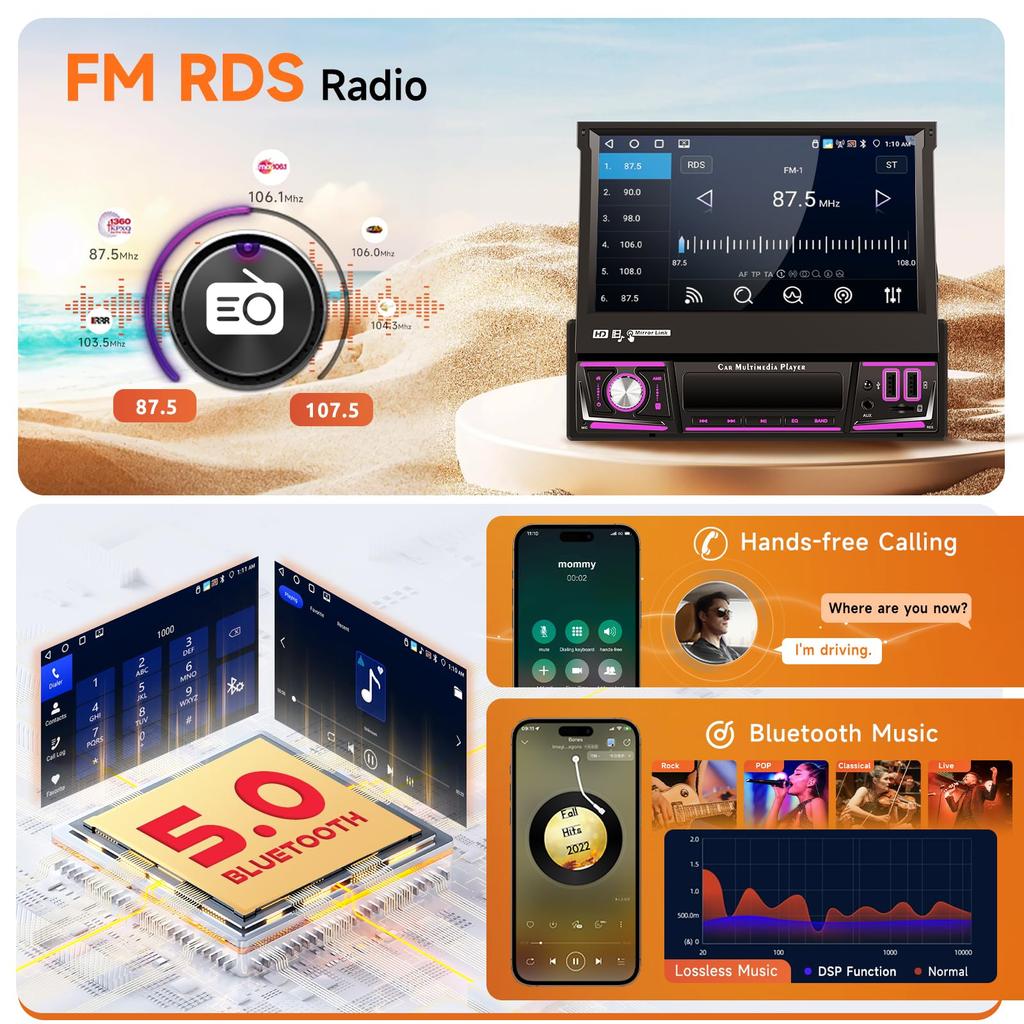 4G 64G 1Din Android Car Stereo Hodozzy Wireless Carplay Android Auto Touch Screen GPS 1 Din Audio Bluetooth Rear View AUX Dual USB Ports Carplay, &