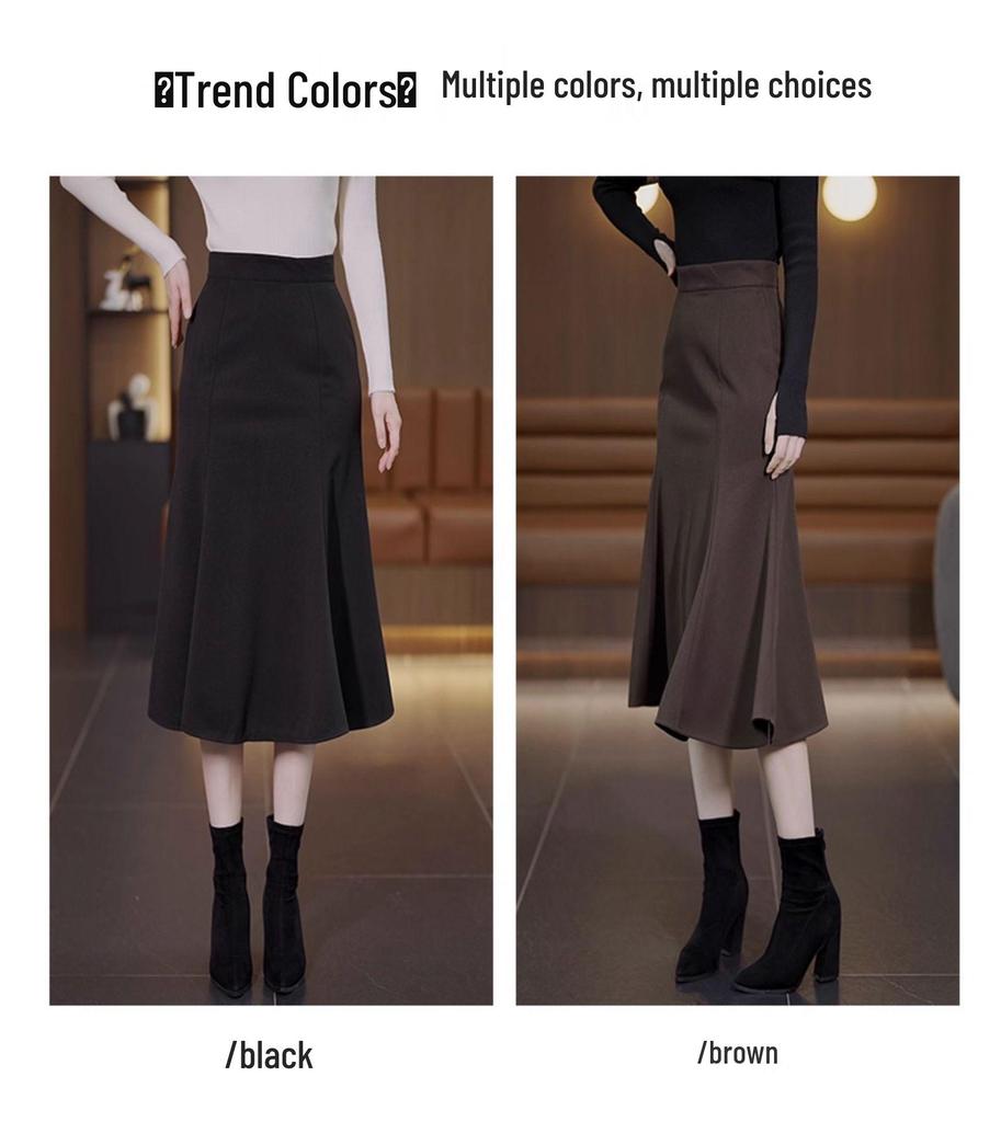 Women's Coffee Wool Mermaid Skirt - Fall/Winter 2025, Irregular Mid-Length, Hip-Hugging Design