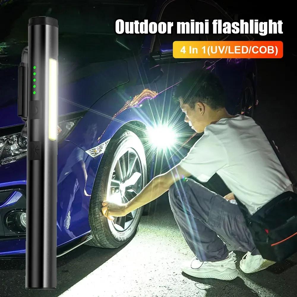 USB Rechargeable UV Flashlight 4 In 1(UV/LED/COB)Multifunctional Mini LED 4 Light Sources Pen Clip Flashlight with Indicator