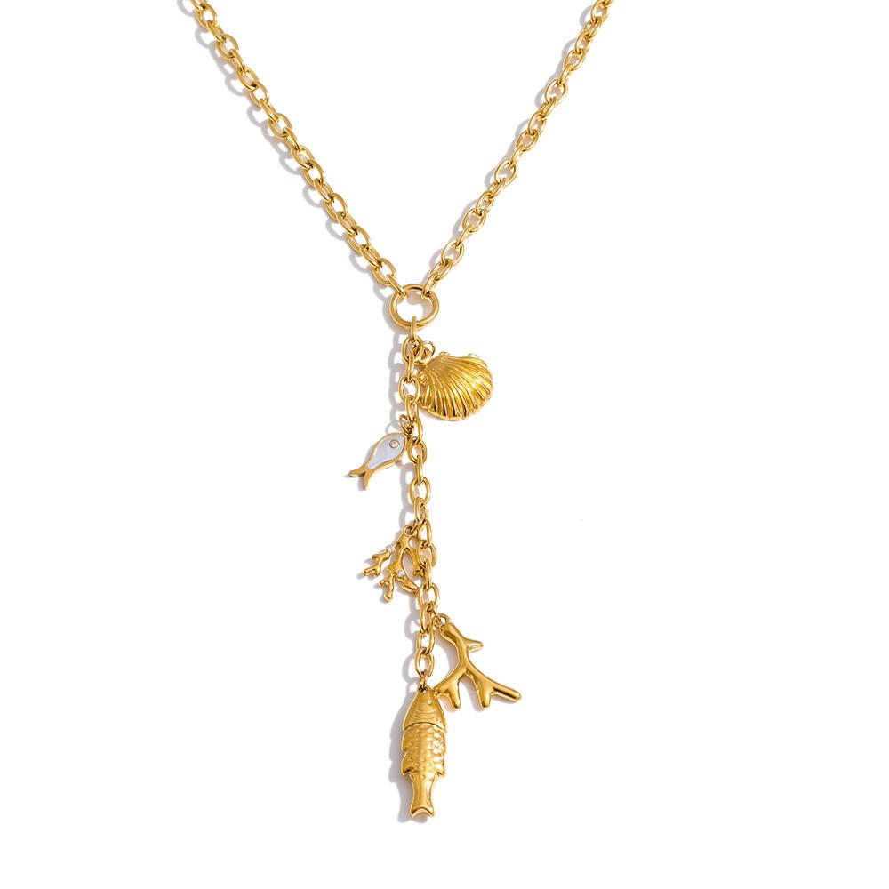 

Yhpup Ocean Series Stainless Steel Fish Shell Drop Chain Charm Pendant Necklace PVD Plated Summer Vacation Beach Popular Jewelry