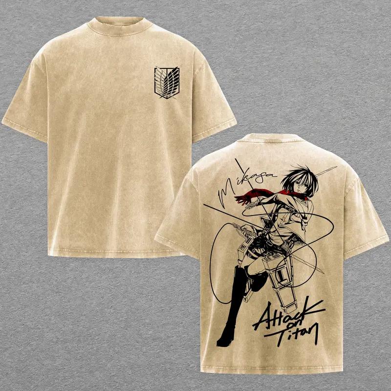 Anime Attack On Titan Mikasa Graphic T Shirt Men Women Short Sleeve Clothing Oversized Cotton Tshirt Washed T-shirt Harajuku Top