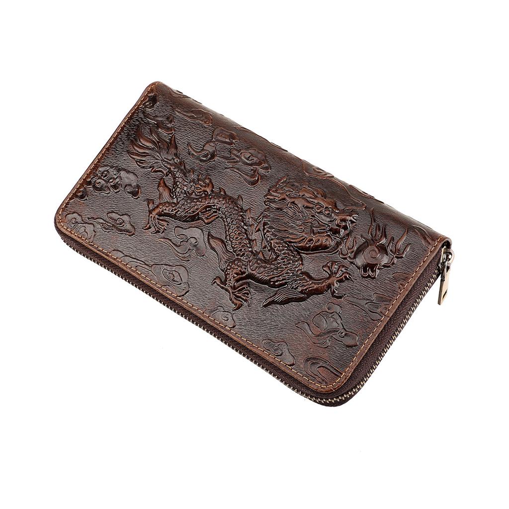 BISON DENIM Vintage 3D Print Genuine Leather Men Wallet Tiger Dragon Long Zipper Card Holder Wallet