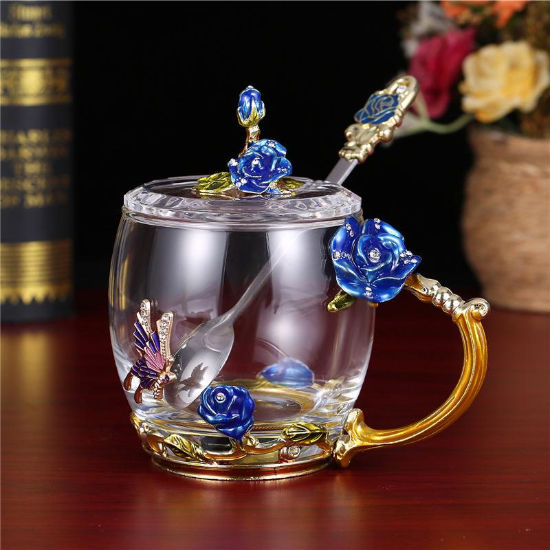 Rose Flower Embossed Glass Enamel Water Cup Cute Gift Glass Water Cup