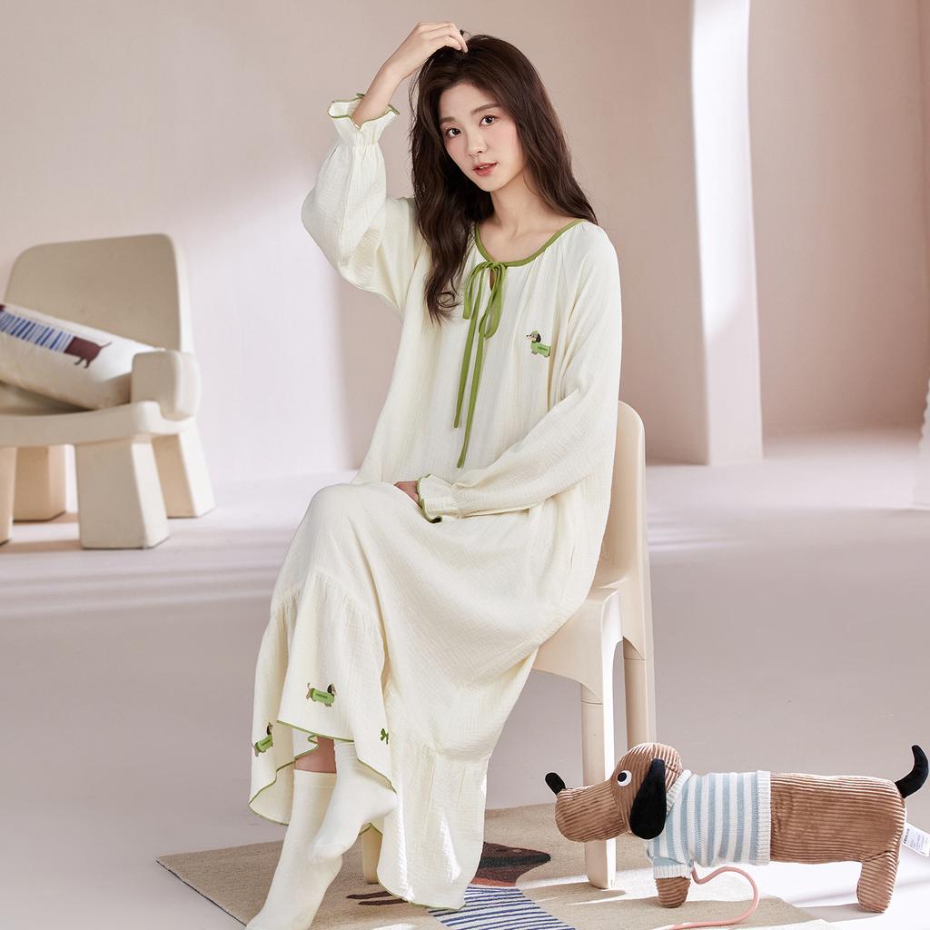 Pajamas Women Spring And Autumn Pure Cotton Long-Sleeved Medium And Long Skirts Cute Fairy Style Pajamas Gauze Can Be Worn Outside