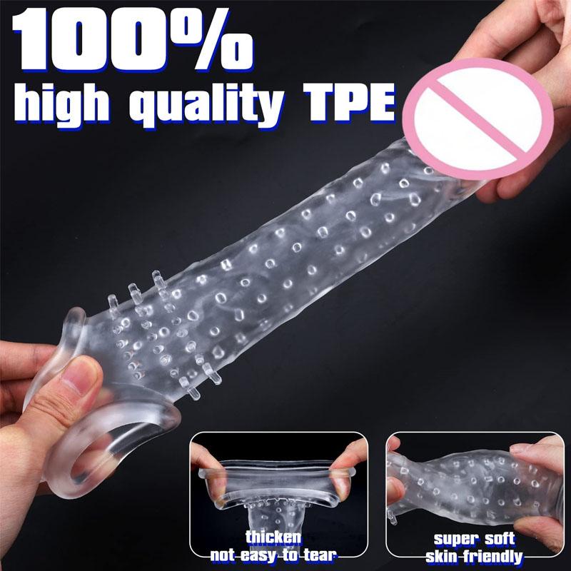 20cm Penis Enlargement Sleeve Thicken Penis Extender Reusable Condom  Delay Ejaculation Sex Toys for Men Adult Toys
