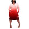 Women's Summer Plus Size V Neck Long Sleeve Knee Pocket Casual Dress