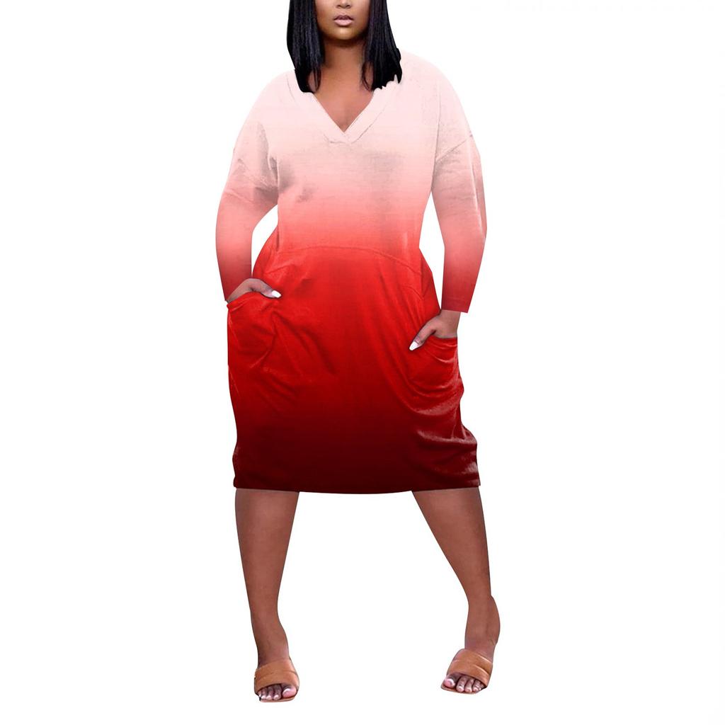 Women's Summer Plus Size V Neck Long Sleeve Knee Pocket Casual Dress