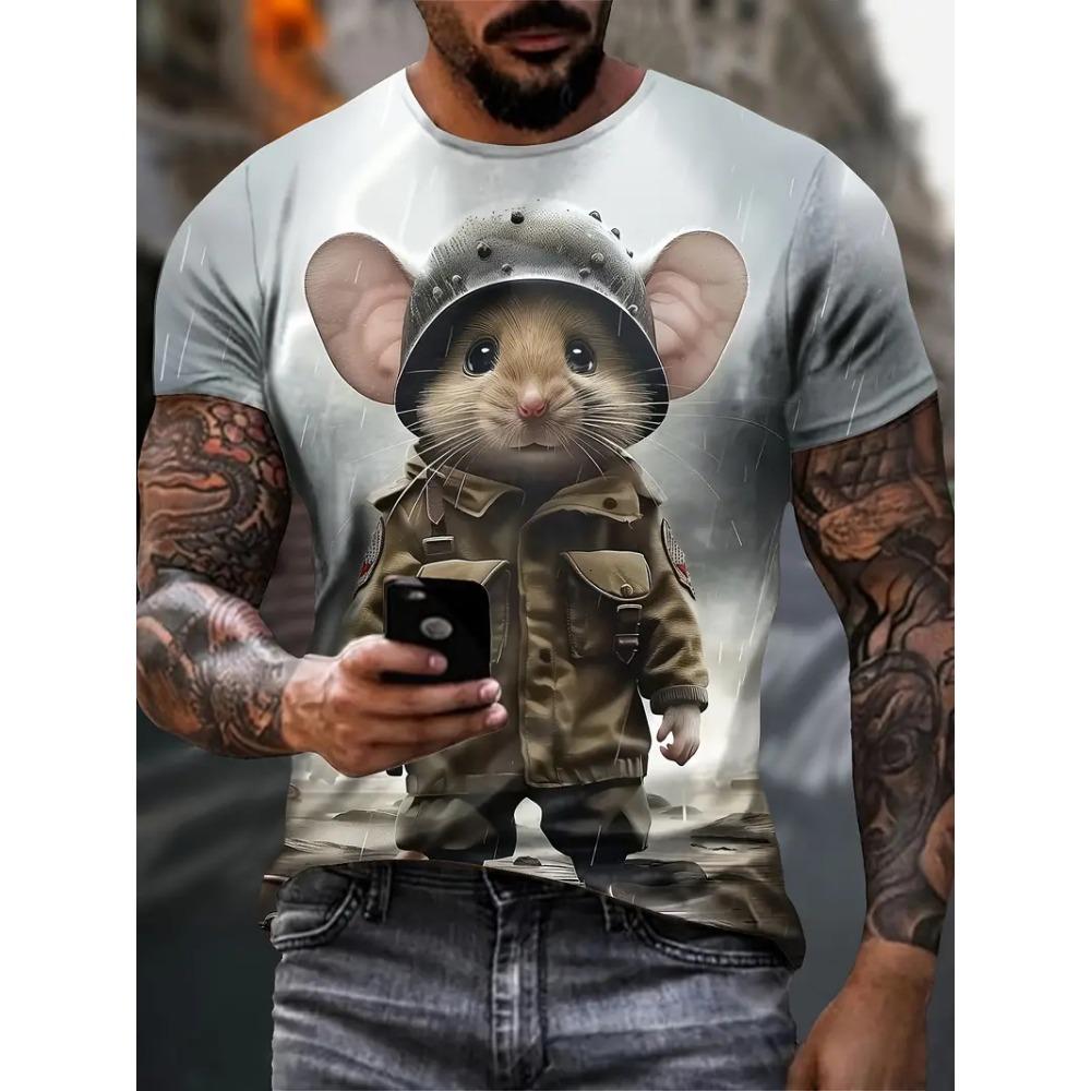 Men's 3D Animal Mouse Printed T-shirt Summer Fashion Casual Outdoor Sports Fitness Round Neck Short Sleeved Men's Shirt Clothing