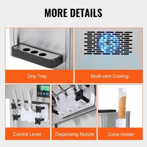 VEVOR Commercial Ice Cream Machine, 21 QT/H Yield, 1800W 3-Flavor Countertop Soft Serve Ice Cream Maker, 2 X 4L Hopper 2 X 1.8L Cylinder