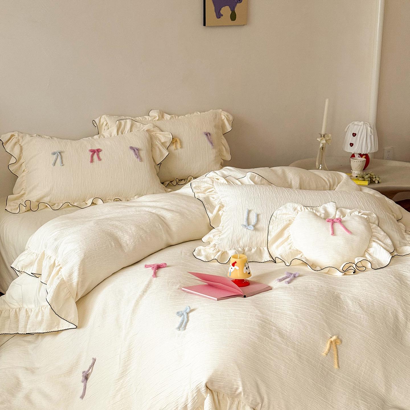 

White Cotton Crinkled Gauze Lace Bow 4-Piece Bedding Set 1.8*2m bed sheet, duvet cover 200*230cm