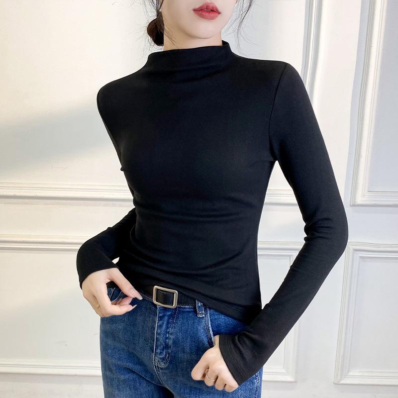

Silk Develvet Half-Tree Neck Base Shirt for Women with New Autumn and Winter Cashmere Integrated Long Sleeve Slim Body Suit S чорний