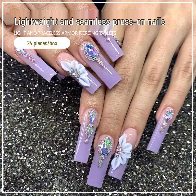 

2025 Trendy Long Purple Wearable Fairy Nails Gold Plating Topcoat