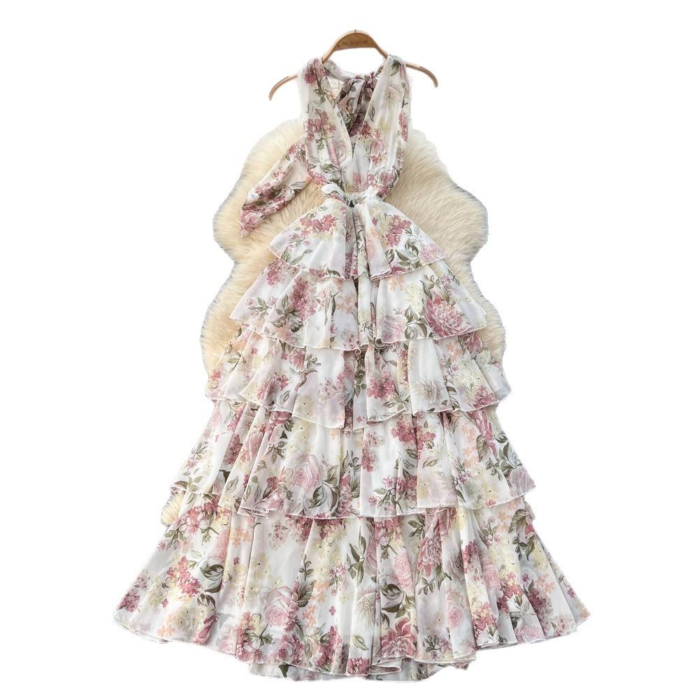 Romantic vacation style floral neck dress women's summer sleeveless lace-up atmosphere waist thin ruffle edge long dress