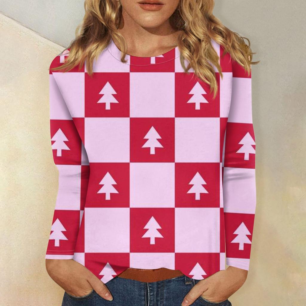 Women's Fashion Casual Christmas Print Round Neck Long Sleeve Decorative T-Shirt Top