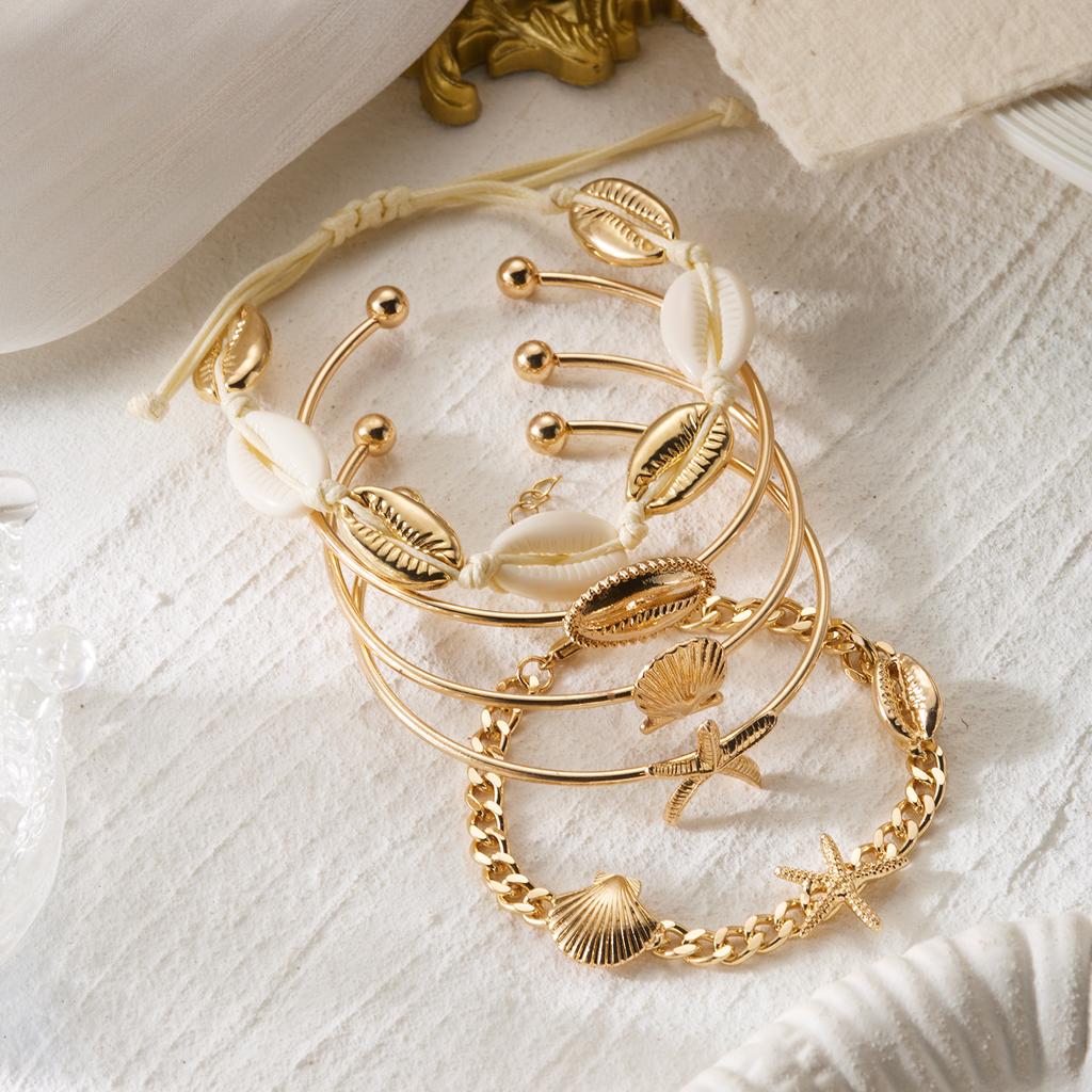 Mermaidcore Ocean Aesthetic Chic Stacked Bracelets Set Women 5Pcs Starfish Cowrie Shell Layered Bangle Beach Party Charm Jewelry