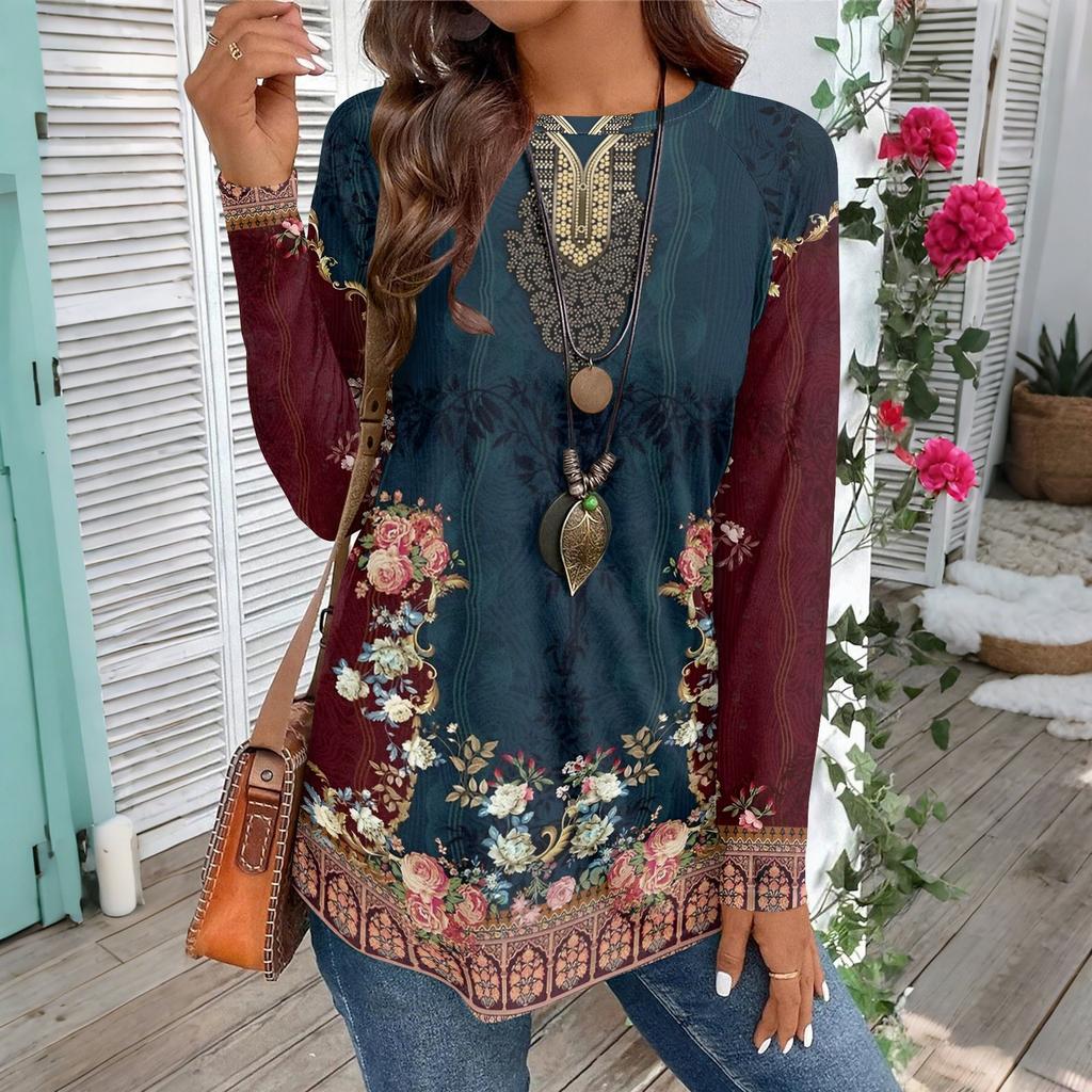 Women's Casual Plus SizeLong Sleeved Round Neck Vintage Ethnic Printing T-shirt Top Pullover
