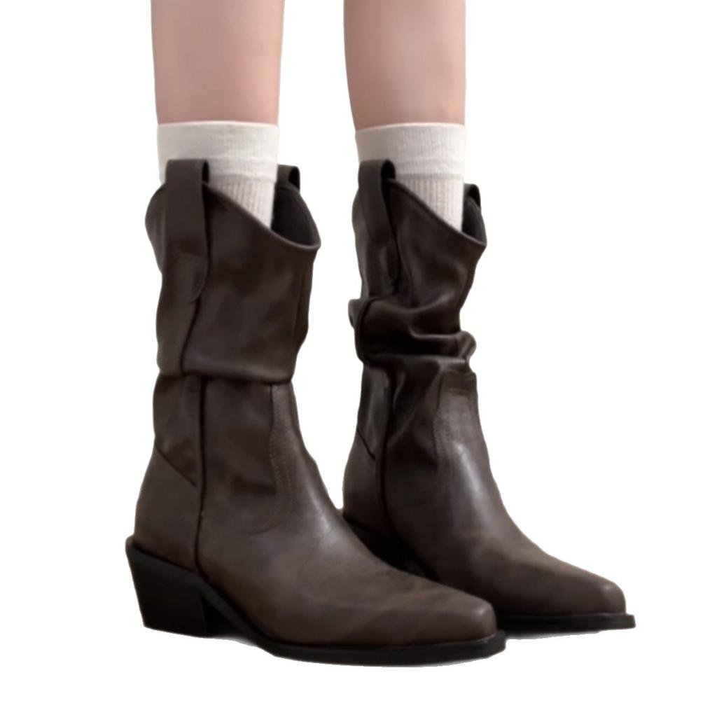 Blue Cabinet Edition~ Skinny Pointed Heel Short Boots Women's 2025 Autumn and Winter New Stacking Boots Western Cowboy Boots Martin Boots