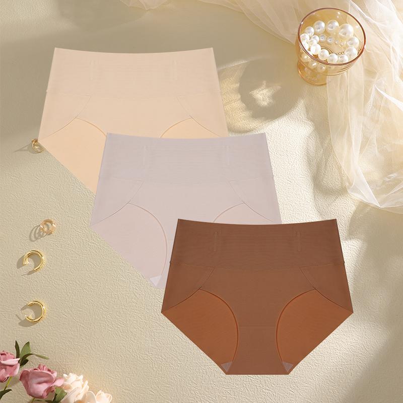 FINETOO 3Pcs Seamless High-Waisted Panty Anti-Slip Briefs Sexy Women's Underwear Anti-Curling Underpants S-3XL Large Size Pantie