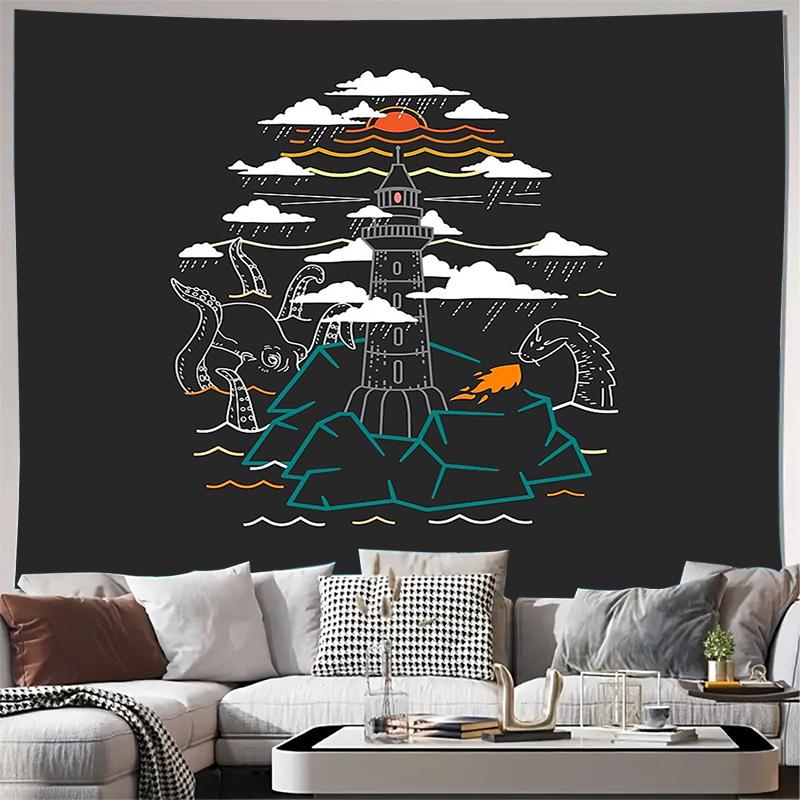 

Coastal Lighthouse Tapestry Nature Wall Decor Beach Ocean Sunset Landscape Room Hanging Aesthetic Home Decor Room Divider Backdr 74x94cm(29x37in)