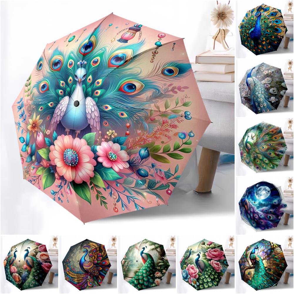 1pc Peacock, feathers pattern Umbrella Portable Folding Umbrella Iron Frame Hole Bone Structure Outdoor Home Umbrella
