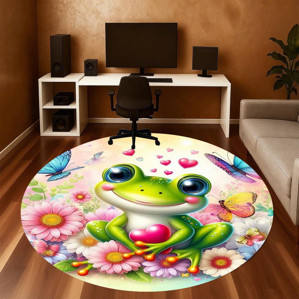 1PC Frog Flowers heart Round Chair mat Area Rug - Non-Slip, Floor Mat for Office, Bedroom, home decor Christmas Gift c0528037