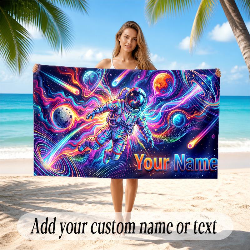 Astronaut Space Theme Quick Dry Beach Towel Custom Name Text Print Large Sand Resistant Towel Beach Vacation