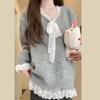 Women's Autumn Patchwork Lace Bow Long Sleeve Sweater - Casual & Sweet Style