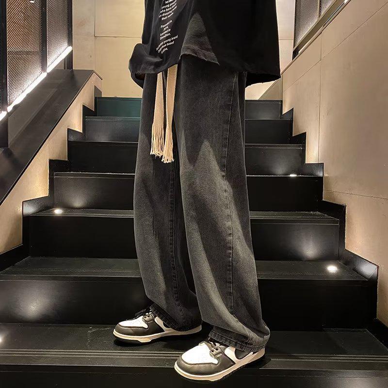 Tide Men's Punk Jogger Jeans: Autumn Loose Korean Style Wide-Leg Dad Pants