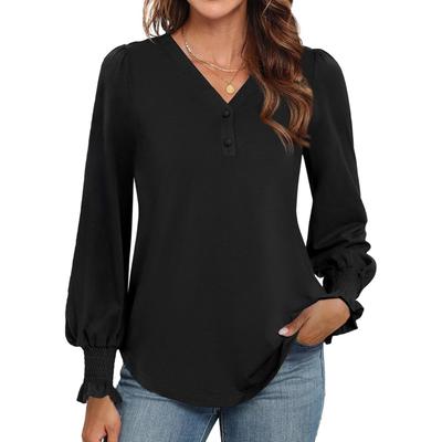Women's Casual Fashion V-Neck Loose T-Shirt Solid Colour Long Sleeve Top