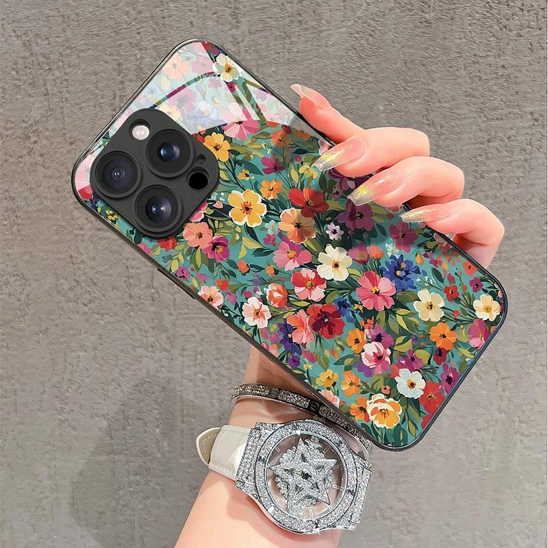 Style Colorful Floral Pattern HD Tempered Glass Phone Case For iPhone 17 16 15 14 13 12 11 Pro Max 16E 7 8 Plus XR XS X Cover
