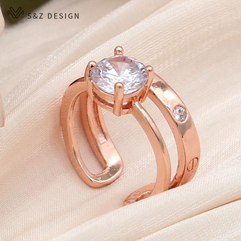 Fashion Elegant Rose Gold Color Round Cubic Zirconia Adjustable Rings For Women Wedding Jewelry Gift