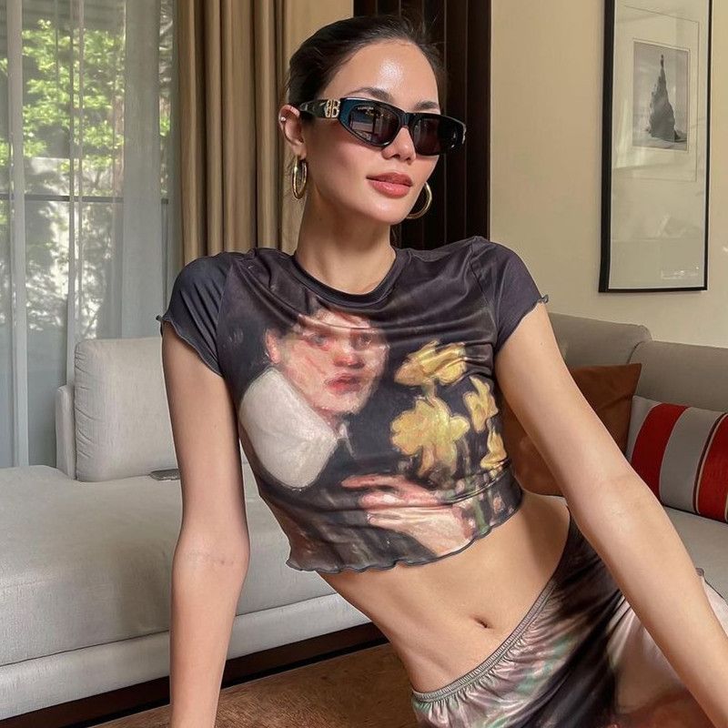 

INS Ретро Масляная Живопись Стиль Принт Фигуры Длинные Рукава Короткий Топ Летний Слим Похудение Длинная Юбка Костюм Женский Brown Tops L