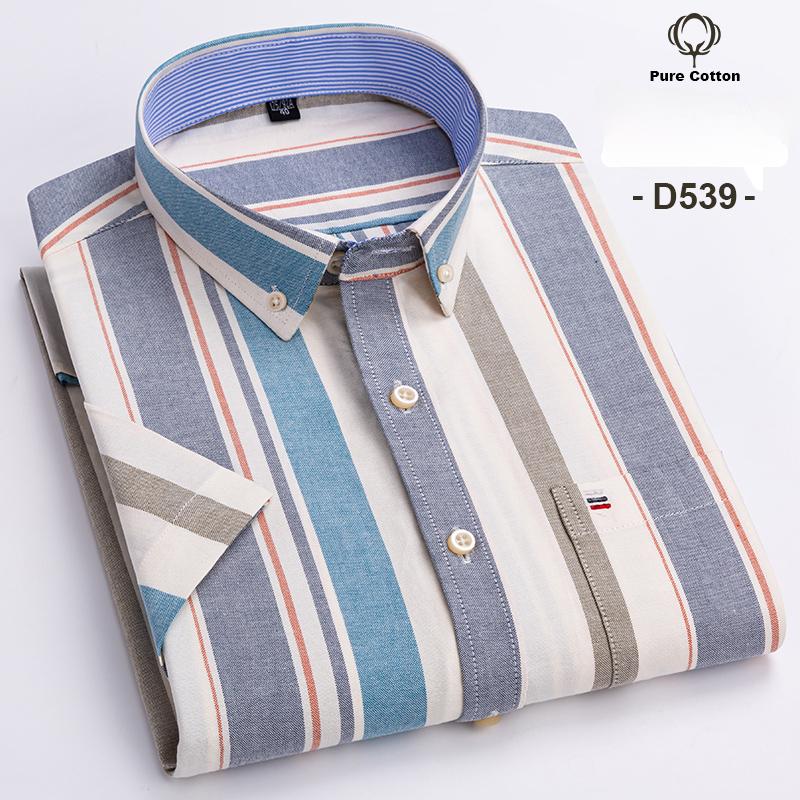 

Plus Size 7XL Summer Short Sleeve Shirt 100%cotton Shirts for Men White Plaid Striped Social Slim Fit Formal Business Clothing 47