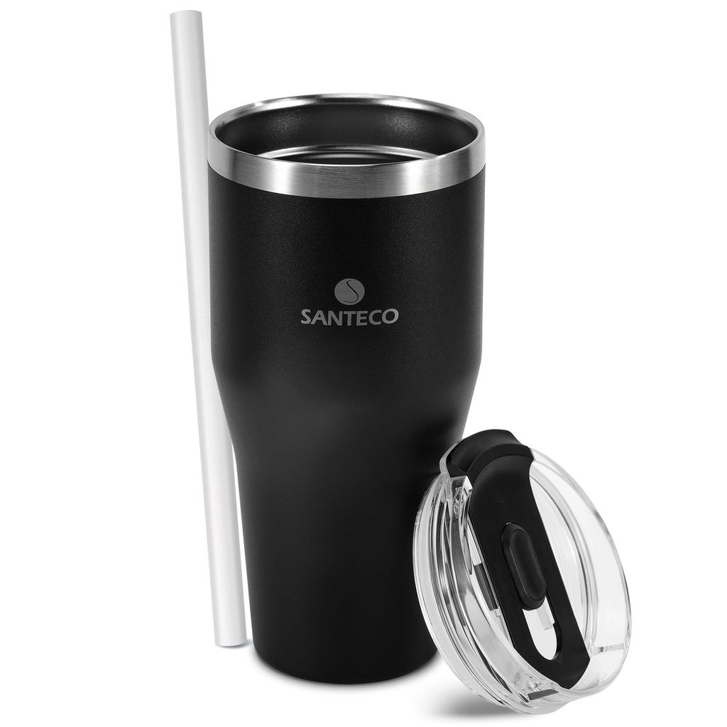 SANTECO Tumbler ESCAPE 590ML with Lid and Large Stainless Vacuum BPA Wide Mouth Black Straw, Capacity, Cold/Hot Keeper, Stylish, 18/8 Steel,