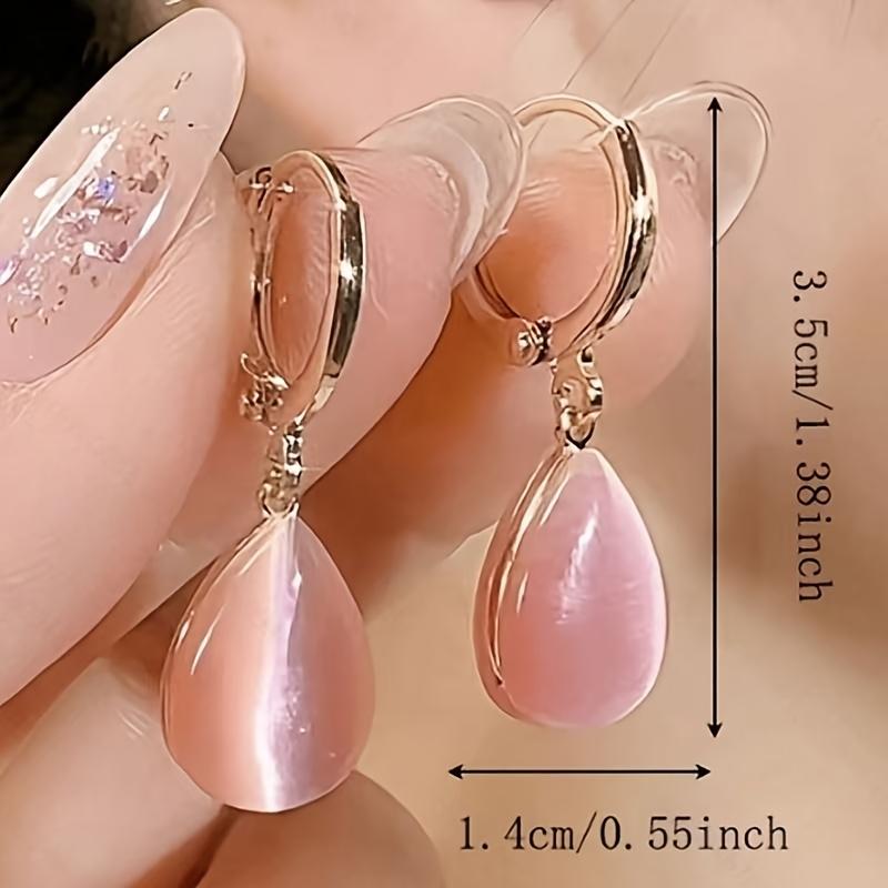 1 Pair Minimalist Elegant Double-Sided Cat Eye Stone Earrings for Women - Golden-Tone Metal Teardrop Dangle Earrings, Versatile for Daily Wear Parties