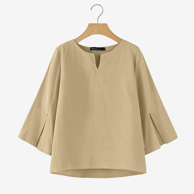 

ZANZEA Women Casual V-neck Solid Color Loose 3/4 Sleeve Cotton Blouse 5XL хаки