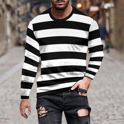 3D Printed Striped Splicing T Shirt For Men Colorful Pattern Tees Autumn Casual Round Neck Tops Loose Long Sleeve T-Shirts