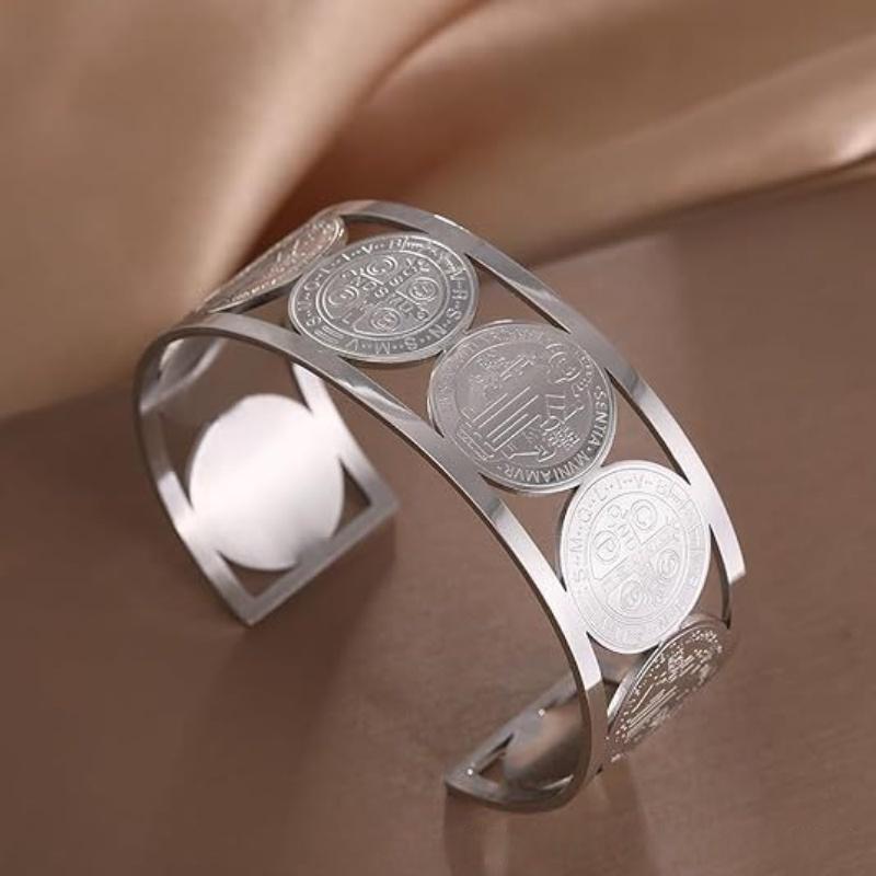 Dreamtimes St Benedict Exorcism Bracelets for Men Stainless Steel Catholic Roman Exorcism Cross Protection Religious Jewelry