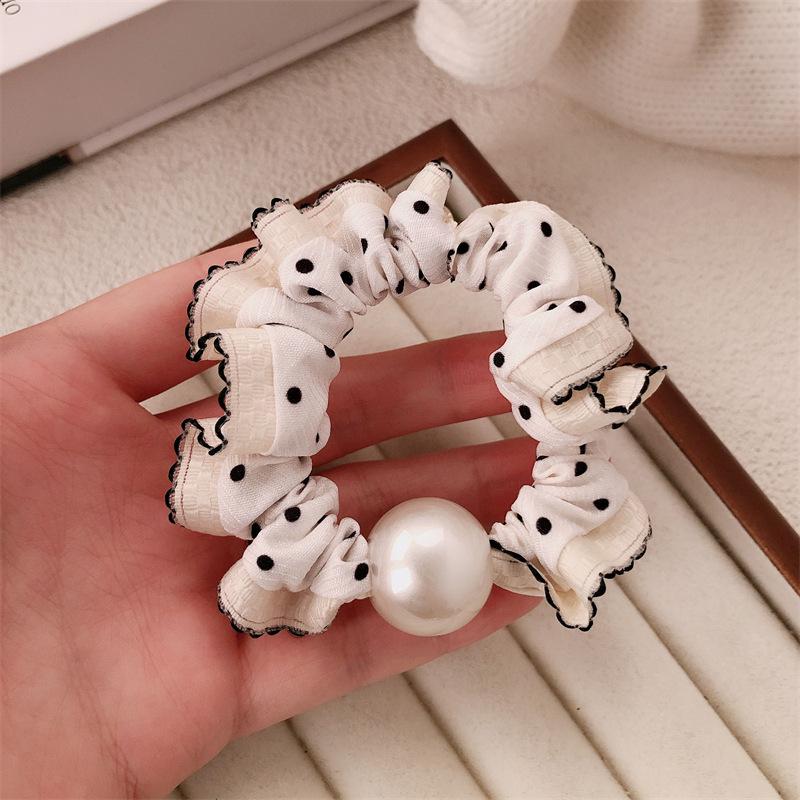 Korean Lace Polka Dot Pearl Scrunchie: Artistic Elastic Hair Band Accessory.