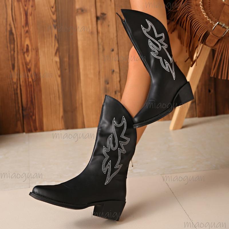 Fashion British Style Embroidered Solid Black Mid Heel Knight Boots 2025 Autumn New Pointed Back Zipper Western Mid-Calf Boots for Women