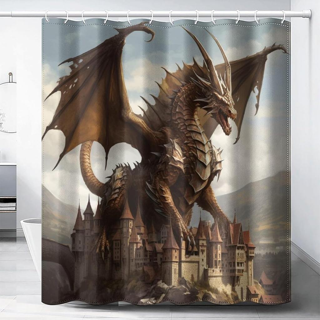 Cartoon Retro Dragon Shower Curtain Medieval Castle Shower Curtain, Fantasy Magic Dragon Retro Pattern Printed Boys Girls Teen