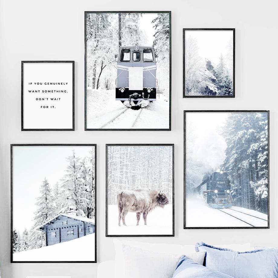 Winter Snow Forest Pineta Cattle Landscape Wall Art Canvas Painting For Living Room Decor Nordic Posters AndPrints Wall Pictures