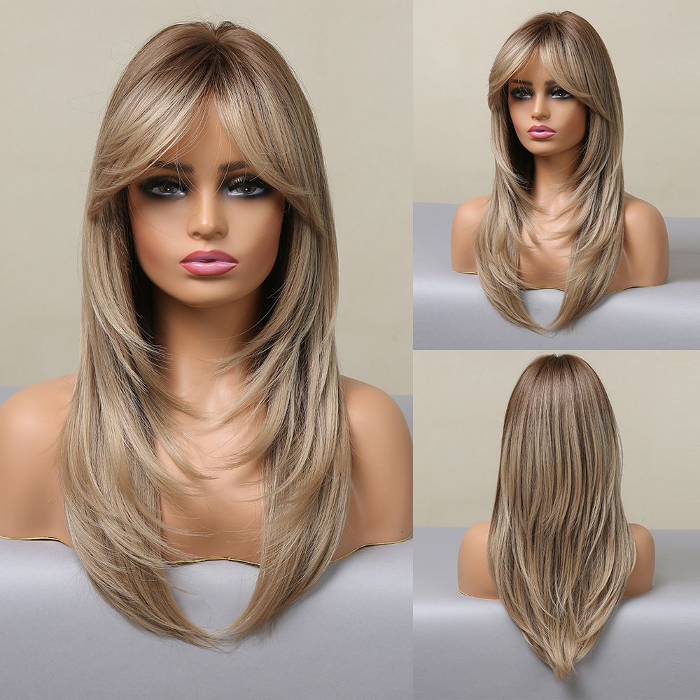 HAIRCUBE Lange gerade blonde synthetische Perücken mit Pony für Frauen, tägliche Cosplay-Perücken, hitzebeständige Perücken mit natürlichem Haaransatz
