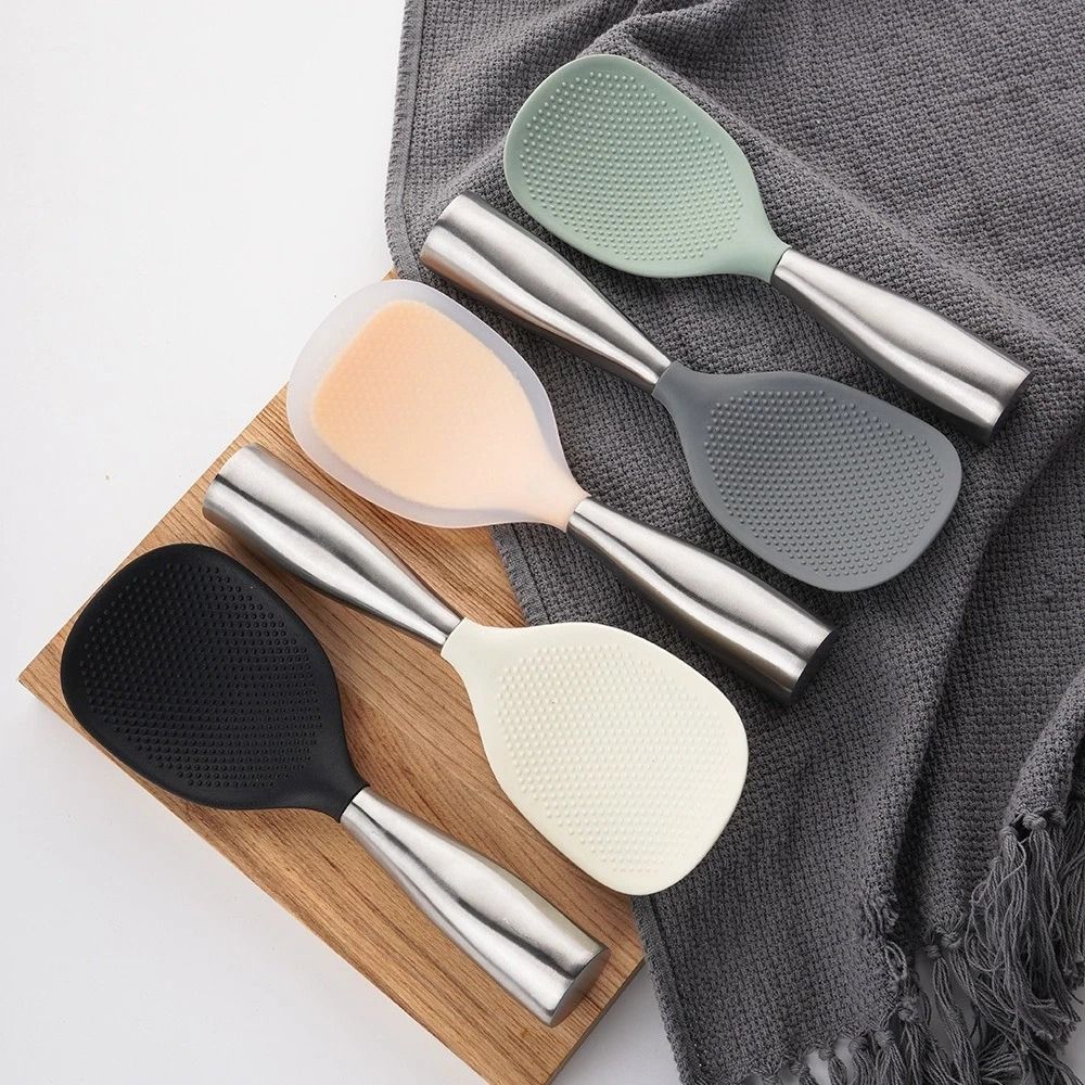 Stainless Steel Handle Silicone Rice Spoon Non-stick Anti Scalding Rice Shovel Heat-resistant Household Canteen Serving Spoon