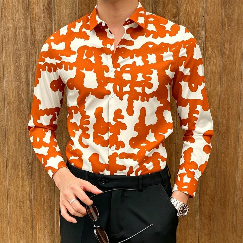 Men's Abstract Graffiti Print Long-Sleeve Shirt, Smooth Drape, Trendy Lapel Shirt, High-Street Luxury Versatile Men's Top