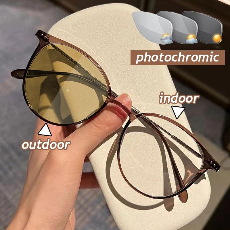 Ladies Trendy Round Frame Photochromic Short-Sighted Eyeglasses Unisex Minus Diopter Prescription Glasses -0.5 1.0 -1.5 To -6.0 Quality