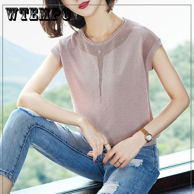 

Летнее женское вязаное нижнее белье с круглым вырезом, свободный пуловер, тонкая футболка с короткими рукавами и топом для женщин M синий