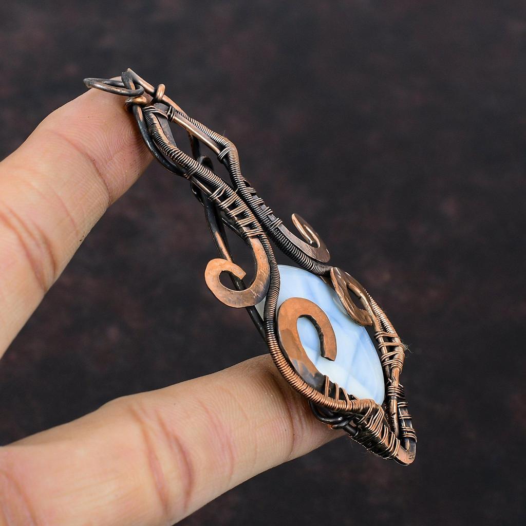 Owyhee Blue Opal Pendant Copper Wire Wrapped Gemstone Pendant Handmade Pendant Copper Jewelry Stylish Pendant Gift For Mom Wire Wrap Jewelry