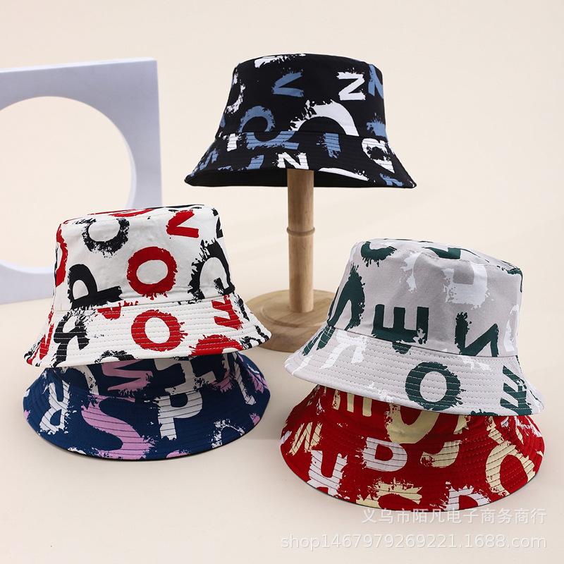 Doodle letter double-sided bucket hat, European and American fashionable casual sunshade hat, men's and women's spring/summer outing pot hat